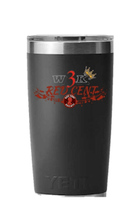 a black tumbler with a red crown on it