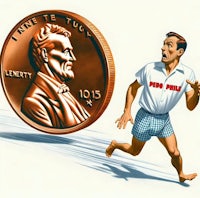 an illustration of a man running next to a penny