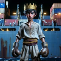 a boy wearing a crown and boxing gloves in front of a ship