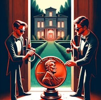 two men in tuxedos holding a coin in front of a house