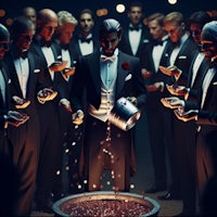 a group of men in tuxedos standing around a pot