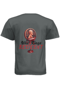 a gray t - shirt with a red logo on it