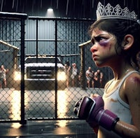 a girl wearing a tiara in front of a cage