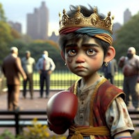 a young boy wearing a crown and boxing gloves