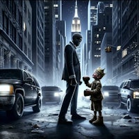 a man in a suit is standing next to a child in a city street