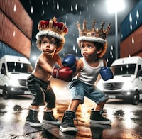 two boys in boxing ring with crowns in front of a truck