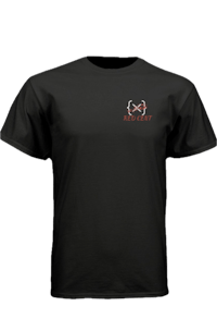 a black t - shirt with an orange logo
