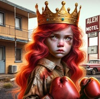 a girl wearing a crown and boxing gloves in front of a motel