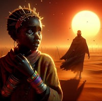 a woman is standing in the desert with a sun behind her