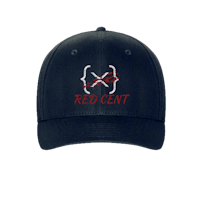 a black hat with the red cent logo on it