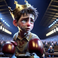 a boy in a boxing ring with a crown on his head