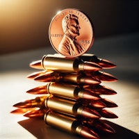 a stack of bullets next to a penny