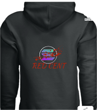 the red cent logo on a black hoodie