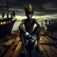 a boy sitting on a dock with a crown on his head
