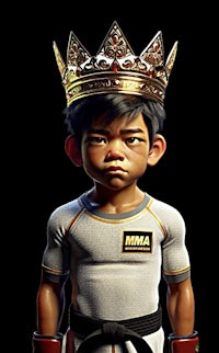 a boy with a crown on his head is standing in front of a black background