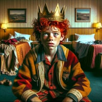 a boy with red hair sitting on a bed with a crown on his head