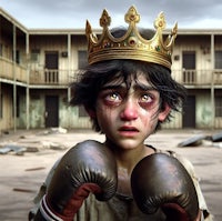 a boy in a boxing ring with a crown on his head