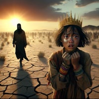 a girl is standing in a desert with a crown on her head