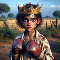 a boy wearing a crown and boxing gloves