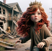 a girl with red hair and a crown standing in a deserted area