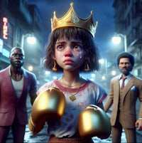 a girl wearing a crown and boxing gloves in front of a group of people