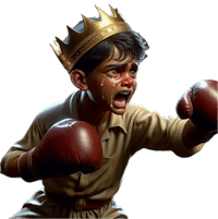 a boy wearing a crown and boxing gloves