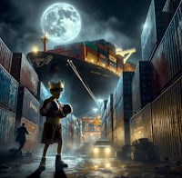 a boy is standing in front of a container ship at night
