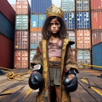 a girl wearing a crown and boxing gloves on a dock